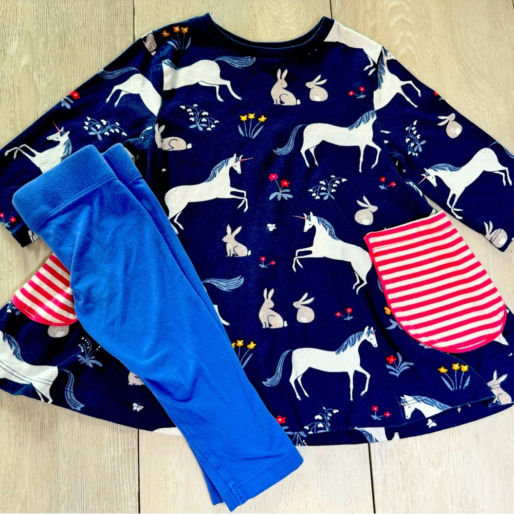 Mini Boden Unicorn Dress and Crop Blue Pants Girls Size 3-4